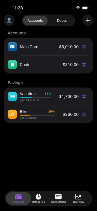 Your Money app showing account balances and savings goal progress