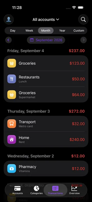 Transaction history in the Your Money app grouped by day