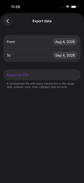 Exporting transactions to CSV from the Your Money app