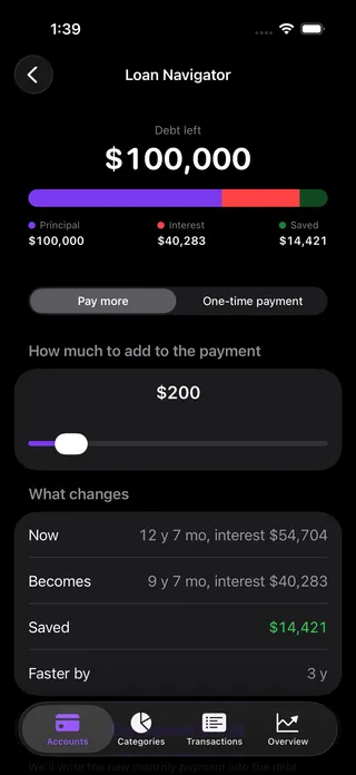 Loan Navigator in the Your Money app showing the payoff date and interest saved