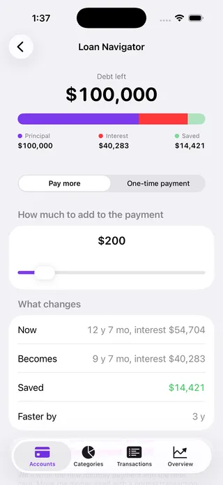 Loan Navigator in the Your Money app showing the payoff date and interest saved