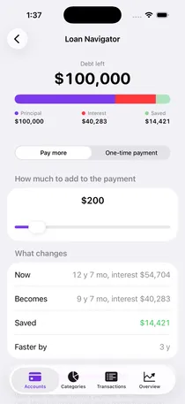 Loan Navigator in the Your Money app showing the payoff date and interest saved