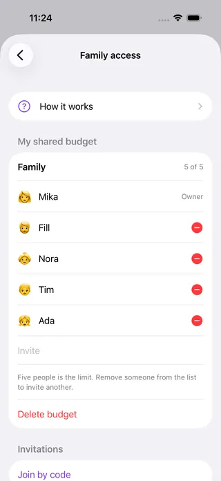 A shared Your Money budget with several members on one account