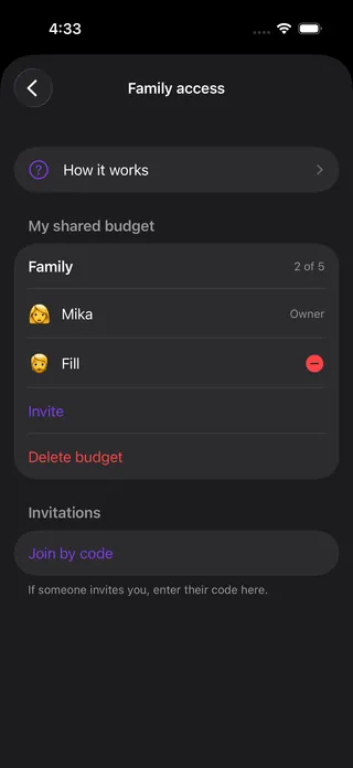 A shared Your Money budget with two members on one account