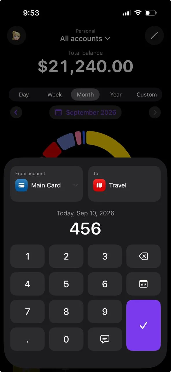 A phone showing the quick transaction entry screen in the Your Money app