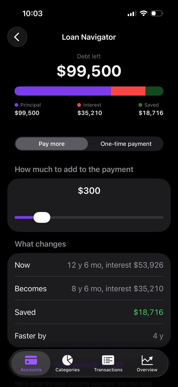 The Loan Navigator screen in the Your Money app showing a payoff calculation.