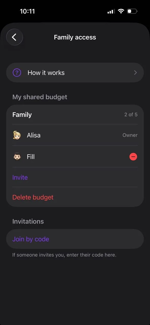 The shared budget screen in the Your Money app showing two people's transactions in one place.